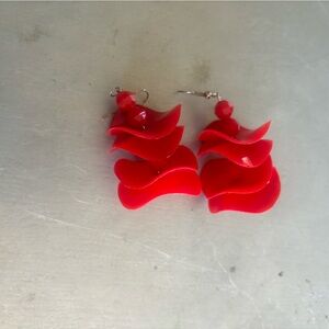Vintage Red Plastic Wavy Wafer Earrings.